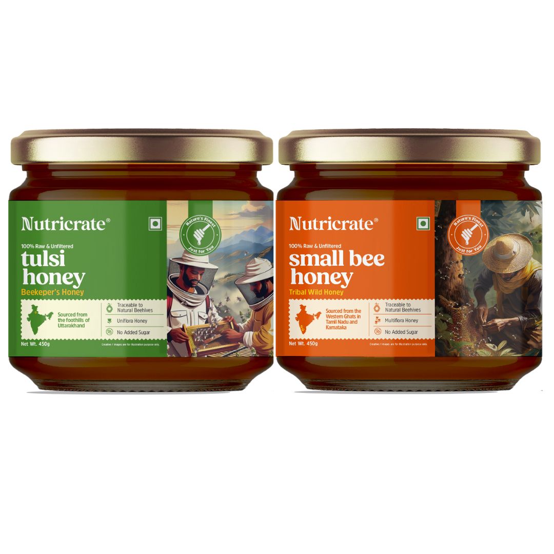 NutriCrate Tulsi Honey 450gm with Small bee Honey 450gm | Super Saver Pack.