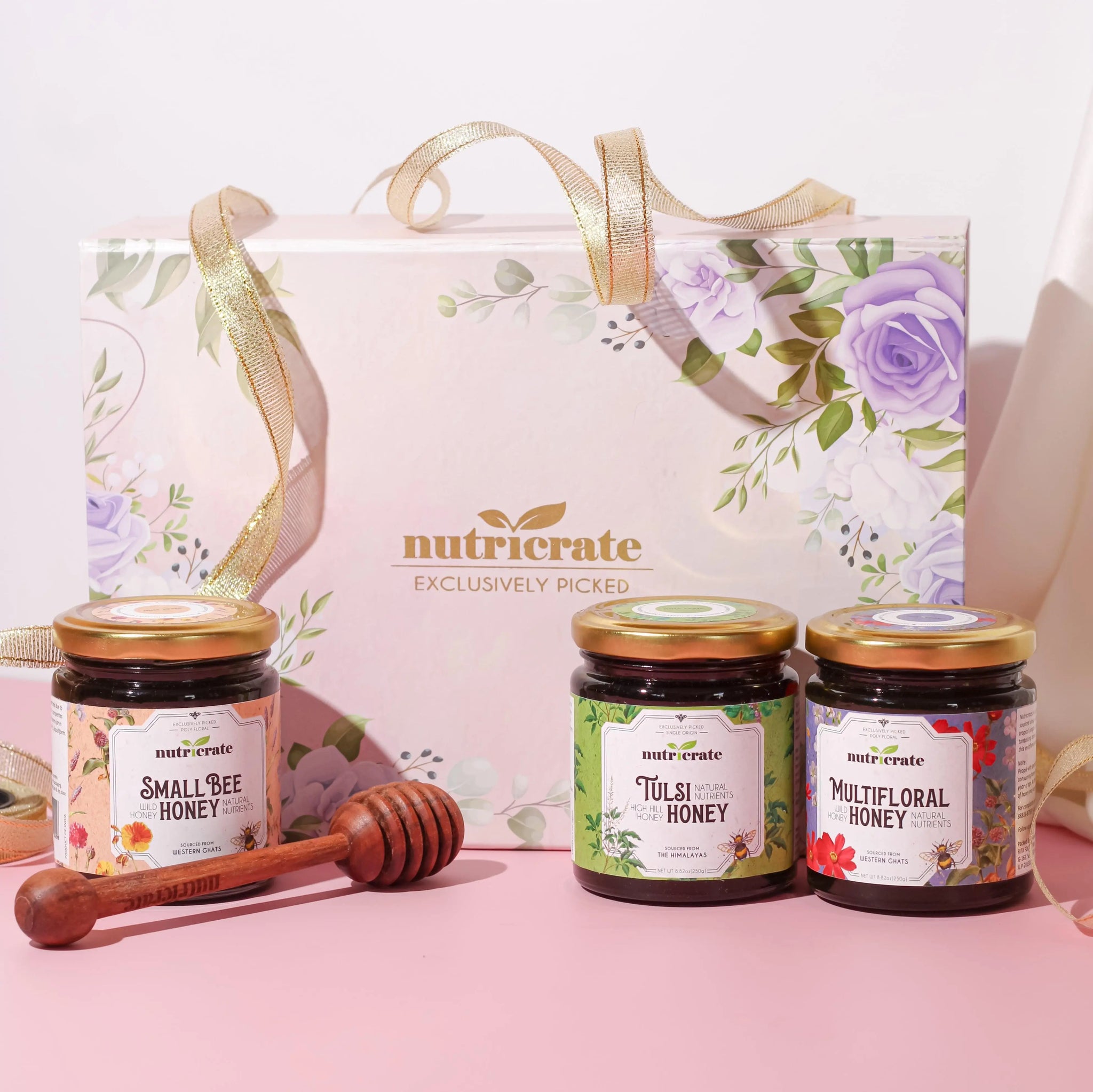 Nutricrate Honey Gift Set Combo (Multifloral, Tulsi & Acacia) 250gm each with Honey Dipper. 