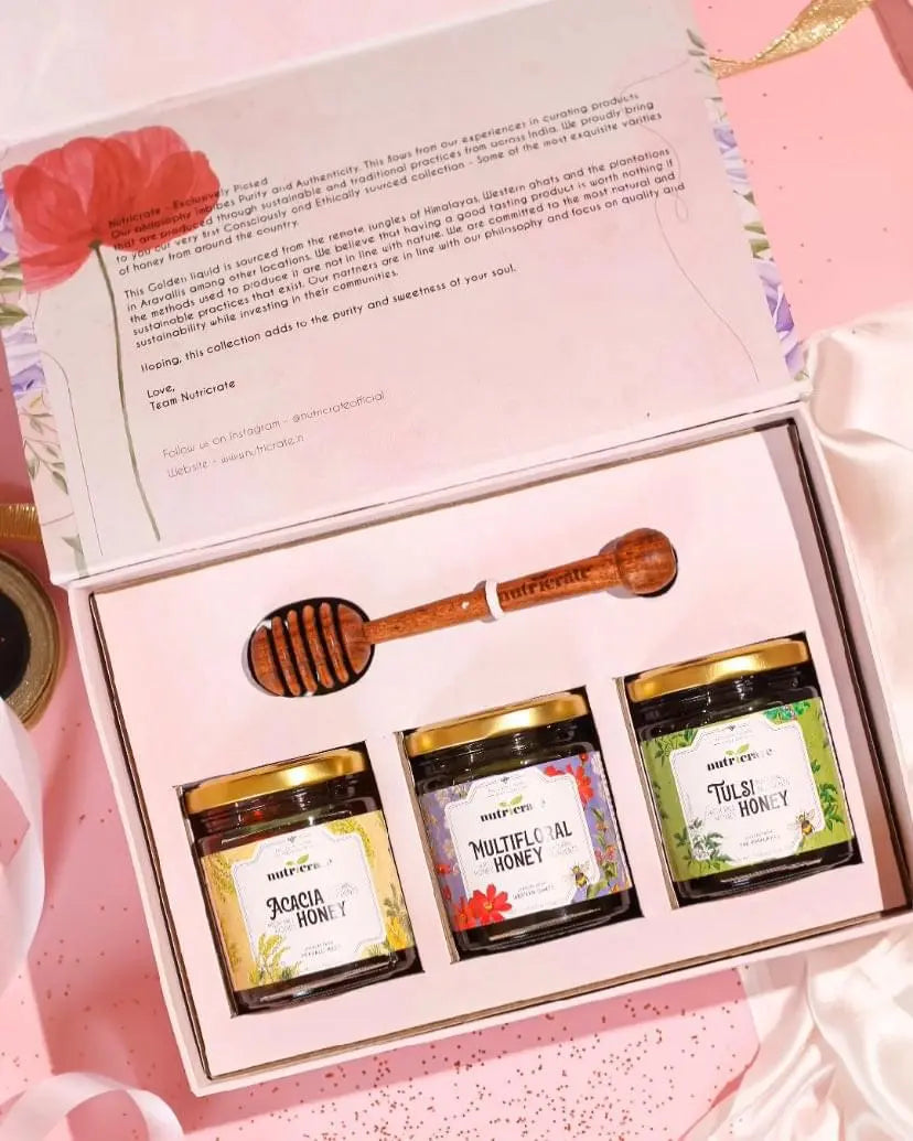 Nutricrate Honey Gift Set Combo (Multifloral, Tulsi & Acacia) 250gm each with Honey Dipper. 